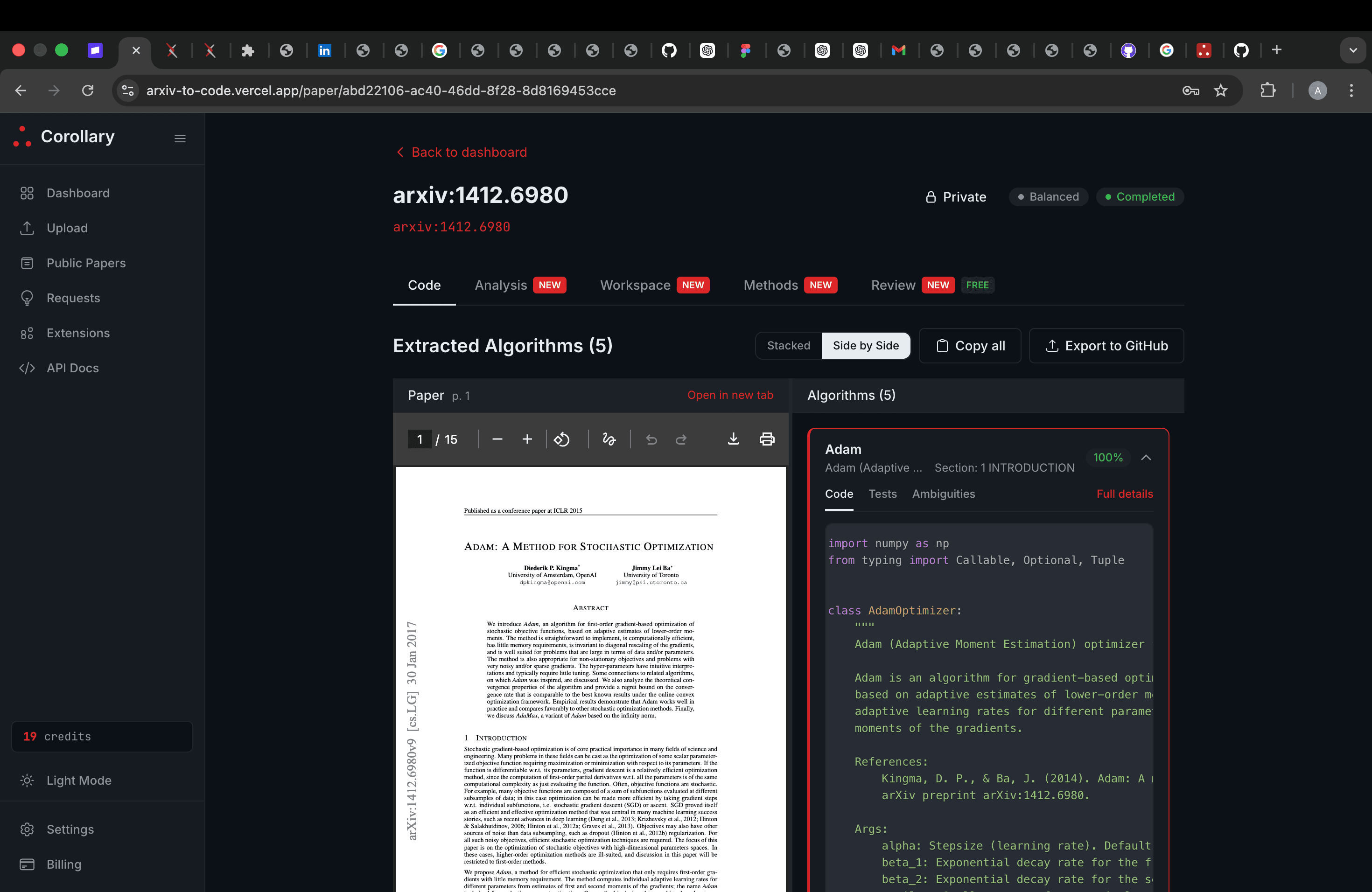 Corollary side-by-side paper and code screenshot